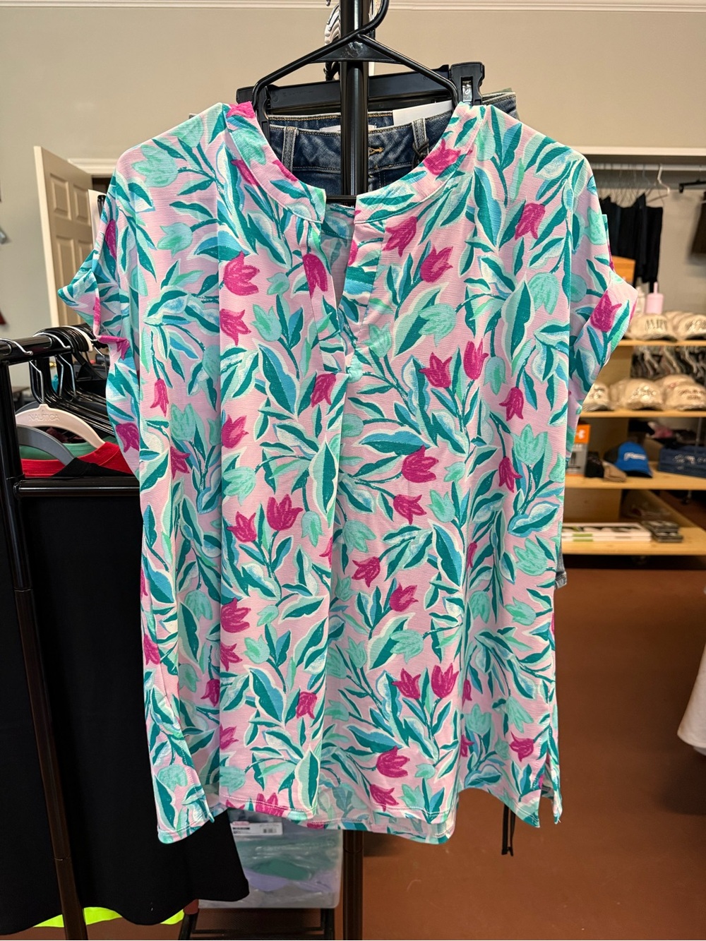 Dear Scarlet Tulip-Print Short Sleeve V-Neck Blouse in Pink & Teal